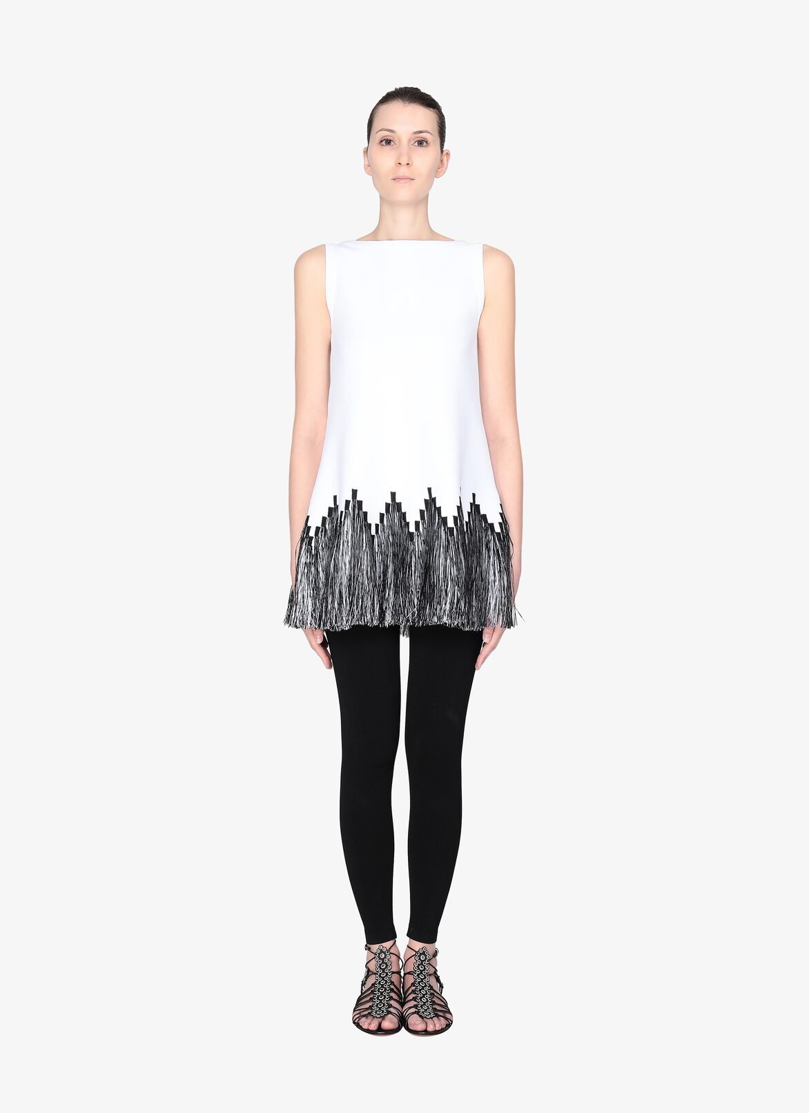 SLEEVELESS TUNIC RAPHIA FRANGE WHITE/BLACK ALAÏA WHITE/BLACK SLEEVELESS TUNIC RAPHIA FRANGE WHITE/BLACK